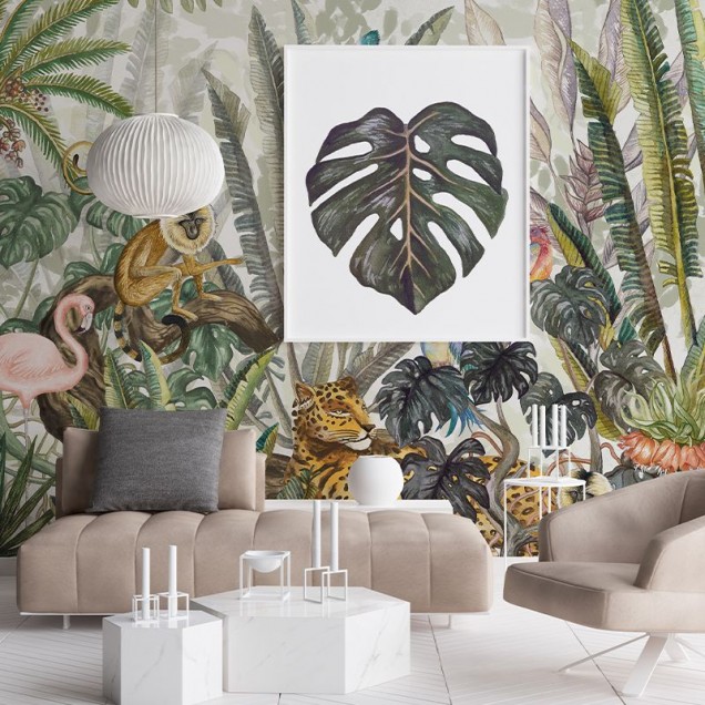 Tapet Wonderland Jungle, cu design de junglă tropicală, cu palmieri, păsări tropicale și maimuțe