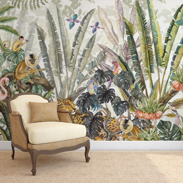 Tapet Wonderland Jungle, cu design de junglă tropicală, cu palmieri, păsări tropicale și maimuțe
