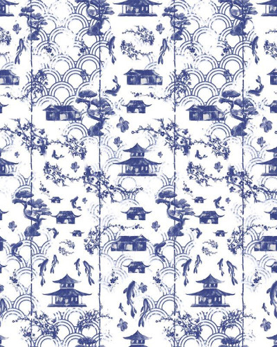 Tapet Blue Imari cu design asiatic, in nuante de albastru si alb.