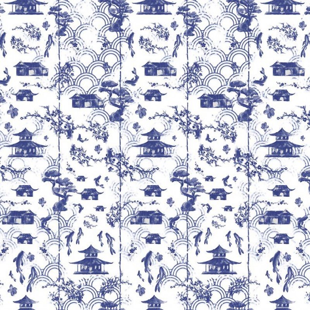 Tapet Blue Imari cu design asiatic, in nuante de albastru si alb.