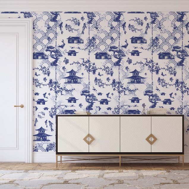Tapet Blue Imari cu design asiatic, in nuante de albastru si alb.