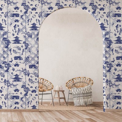 Tapet Blue Imari cu design asiatic, in nuante de albastru si alb.