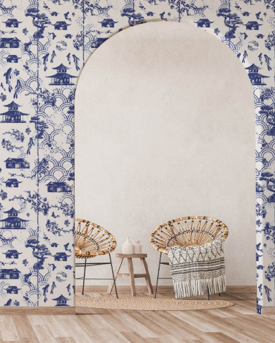 Tapet Blue Imari cu design asiatic, in nuante de albastru si alb.