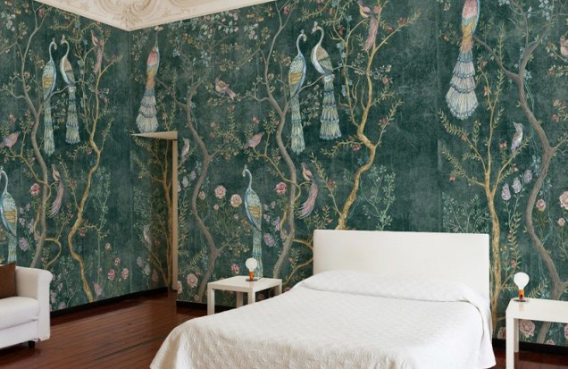 Tapet Peacock Chinoiserie in Emerald - Eleganță și rafinament