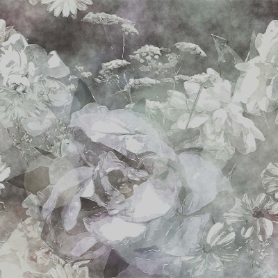 Tapet floral cu flori delicate in nuante de gri si alb, perfect pentru un living modern