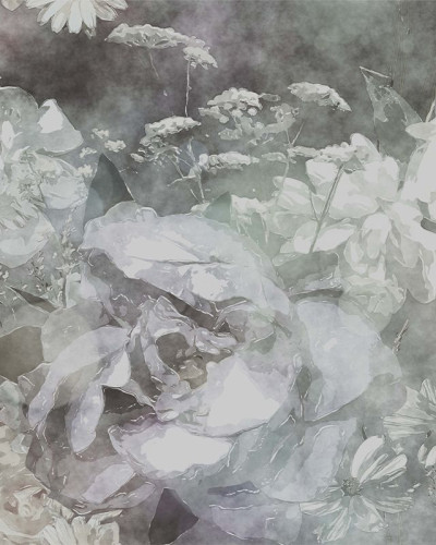 Tapet floral cu flori delicate in nuante de gri si alb, perfect pentru un living modern