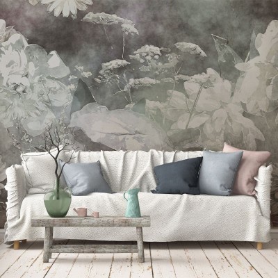Tapet floral cu flori delicate in nuante de gri si alb, perfect pentru un living modern