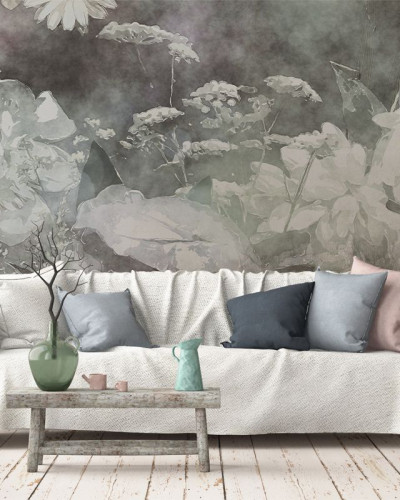 Tapet floral cu flori delicate in nuante de gri si alb, perfect pentru un living modern