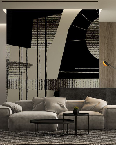 Tapet geometric minimalist cu forme abstracte in negru si bej