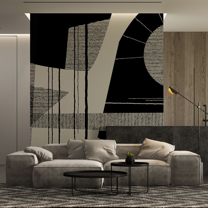 Tapet geometric minimalist cu forme abstracte in negru si bej