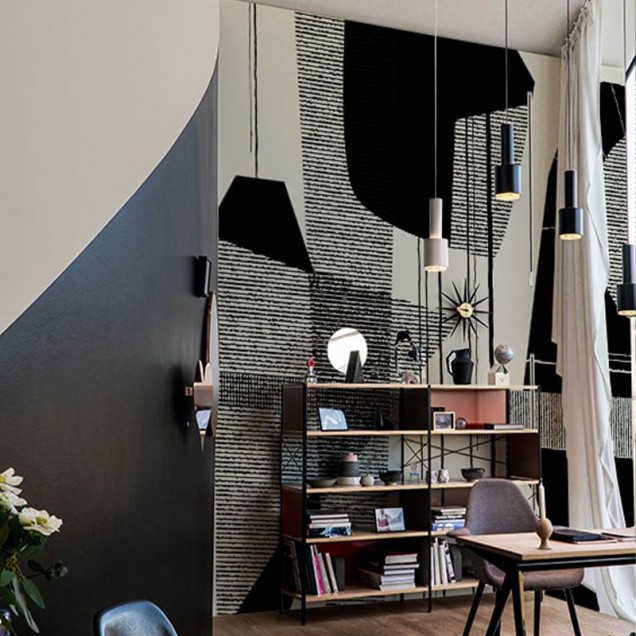 Tapet geometric minimalist cu forme abstracte in negru si bej