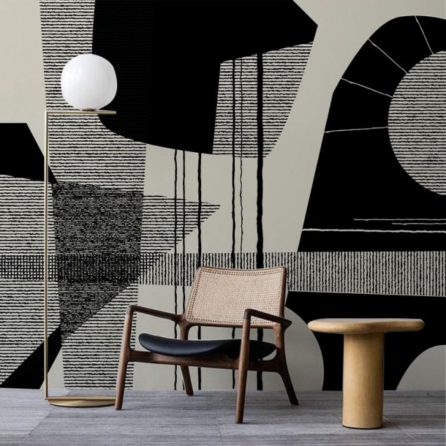 Tapet geometric minimalist cu forme abstracte in negru si bej