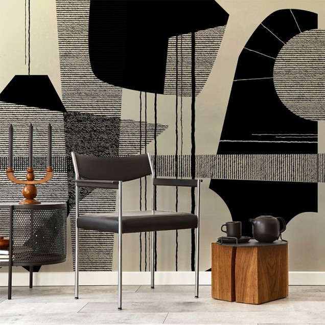 Tapet geometric minimalist cu forme abstracte in negru si bej
