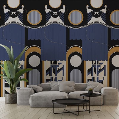 Tapet modern Academy Theatre Blue, cu design geometric, cu figuri feminine elegante și arcuri geometrice, inspirat din epoca Art Deco. Culori: albastru, negru și auriu.