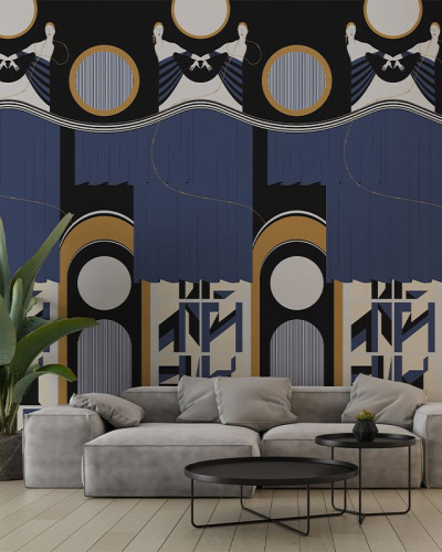 Tapet modern Academy Theatre Blue, cu design geometric, cu figuri feminine elegante și arcuri geometrice, inspirat din epoca Art Deco. Culori: albastru, negru și auriu.