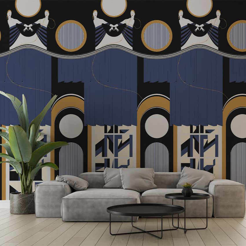 Tapet modern Academy Theatre Blue, cu design geometric, cu figuri feminine elegante și arcuri geometrice, inspirat din epoca Art Deco. Culori: albastru, negru și auriu.