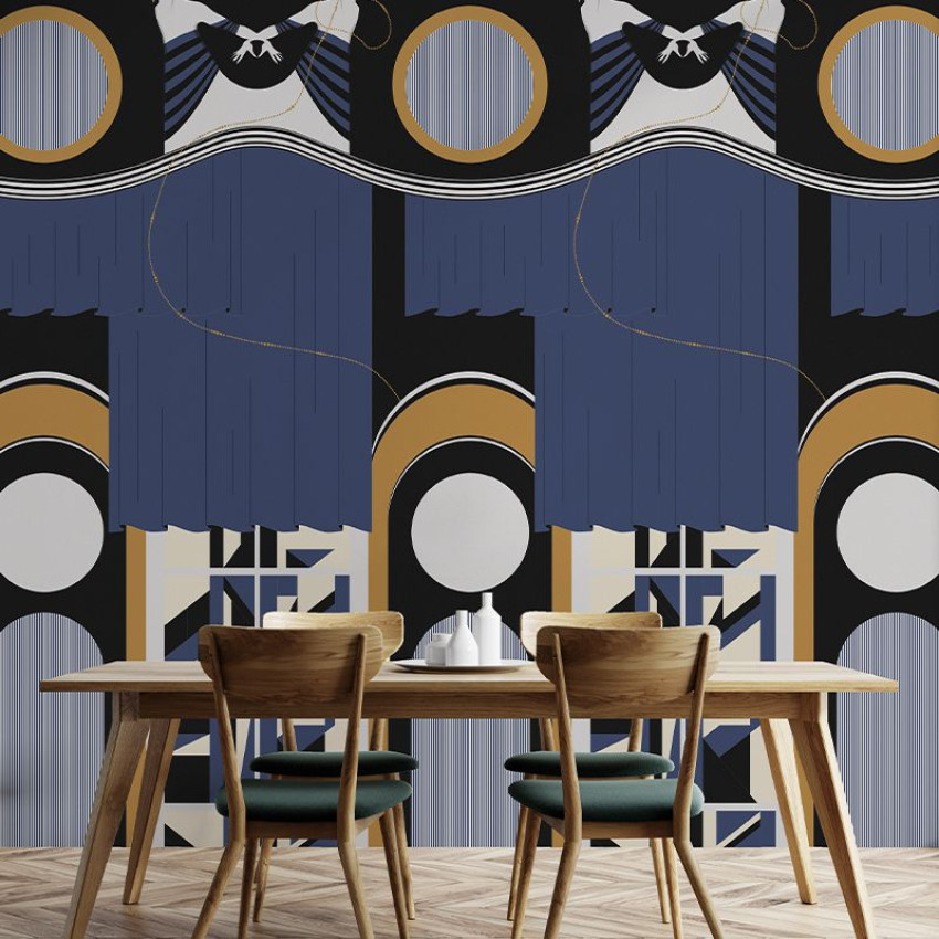 Tapet modern geometric cu balerine, culori pastelate, inspirat de arta deco.