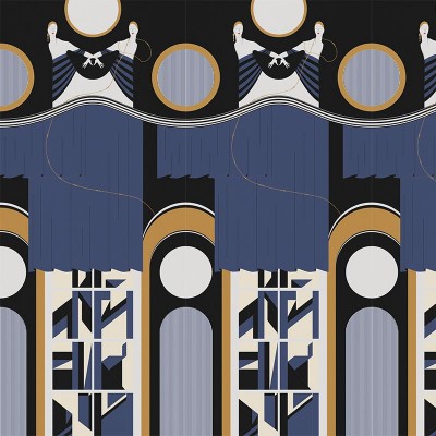 Tapet modern Academy Theatre Blue, cu design geometric, cu figuri feminine elegante și arcuri geometrice, inspirat din epoca Art Deco. Culori: albastru, negru și auriu.