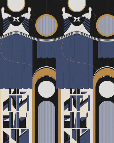 Tapet modern Academy Theatre Blue, cu design geometric, cu figuri feminine elegante și arcuri geometrice, inspirat din epoca Art Deco. Culori: albastru, negru și auriu.