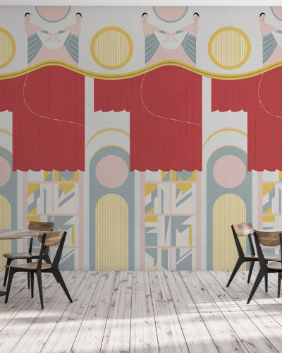Tapet modern geometric cu balerine, culori pastelate, inspirat de arta deco.