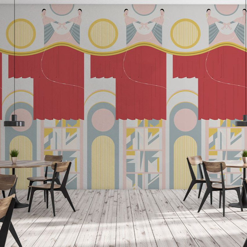 Tapet modern geometric cu balerine, culori pastelate, inspirat de arta deco.