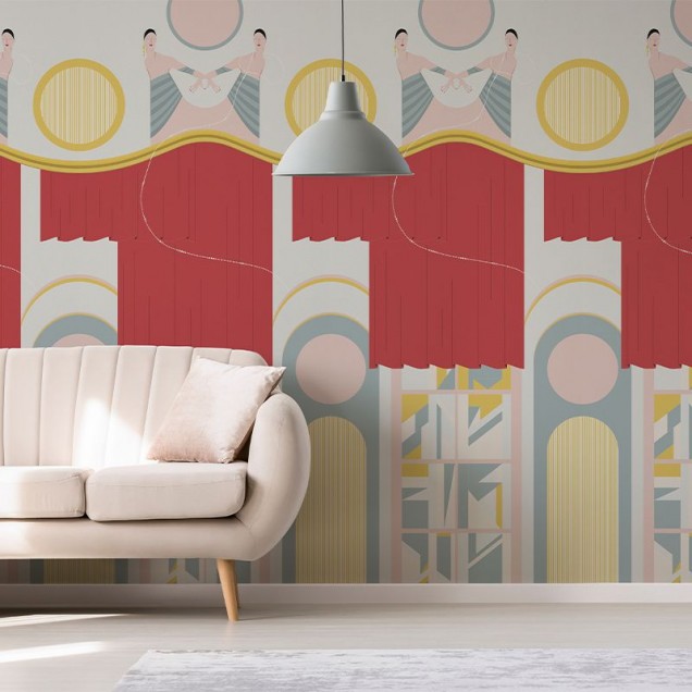 Tapet modern geometric cu balerine, culori pastelate, inspirat de arta deco.