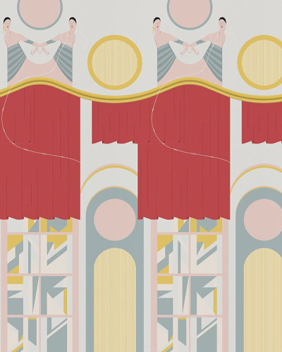 Tapet modern geometric cu balerine, culori pastelate, inspirat de arta deco.
