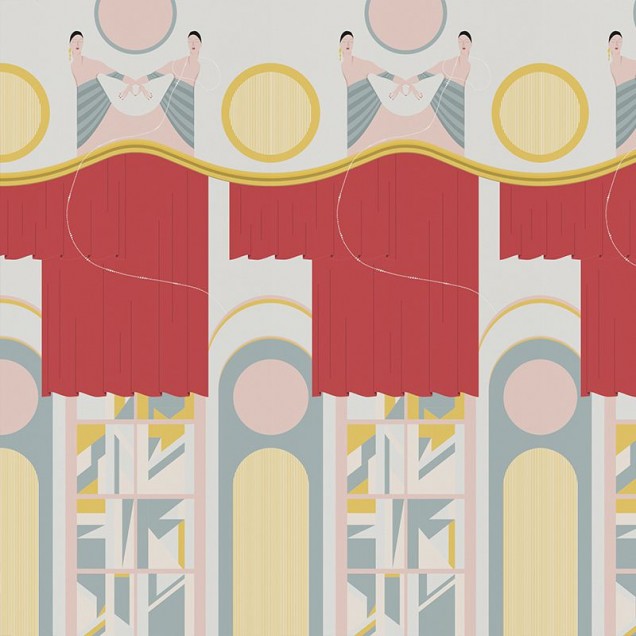 Tapet modern geometric cu balerine, culori pastelate, inspirat de arta deco.