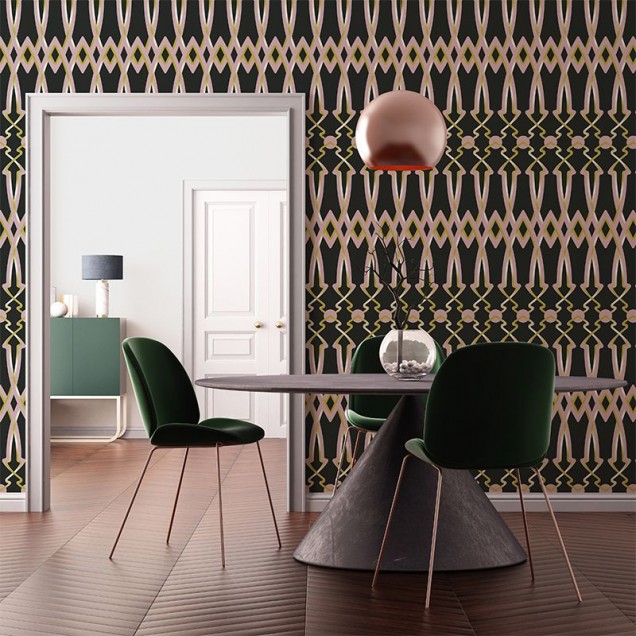Tapet geometric cu model complex, negru, auriu, roz pal