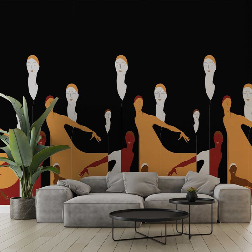 Tapet modern cu figuri feminine delicate pe un fond albastru