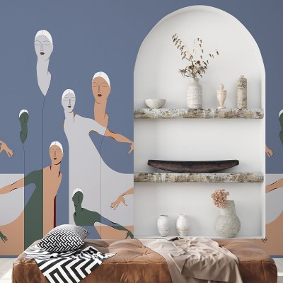 Tapet modern cu figuri feminine delicate pe un fond albastru