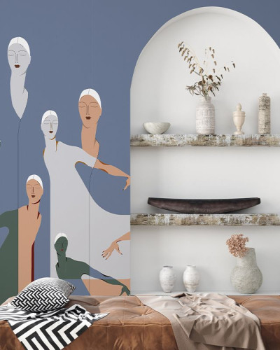 Tapet modern cu figuri feminine delicate pe un fond albastru