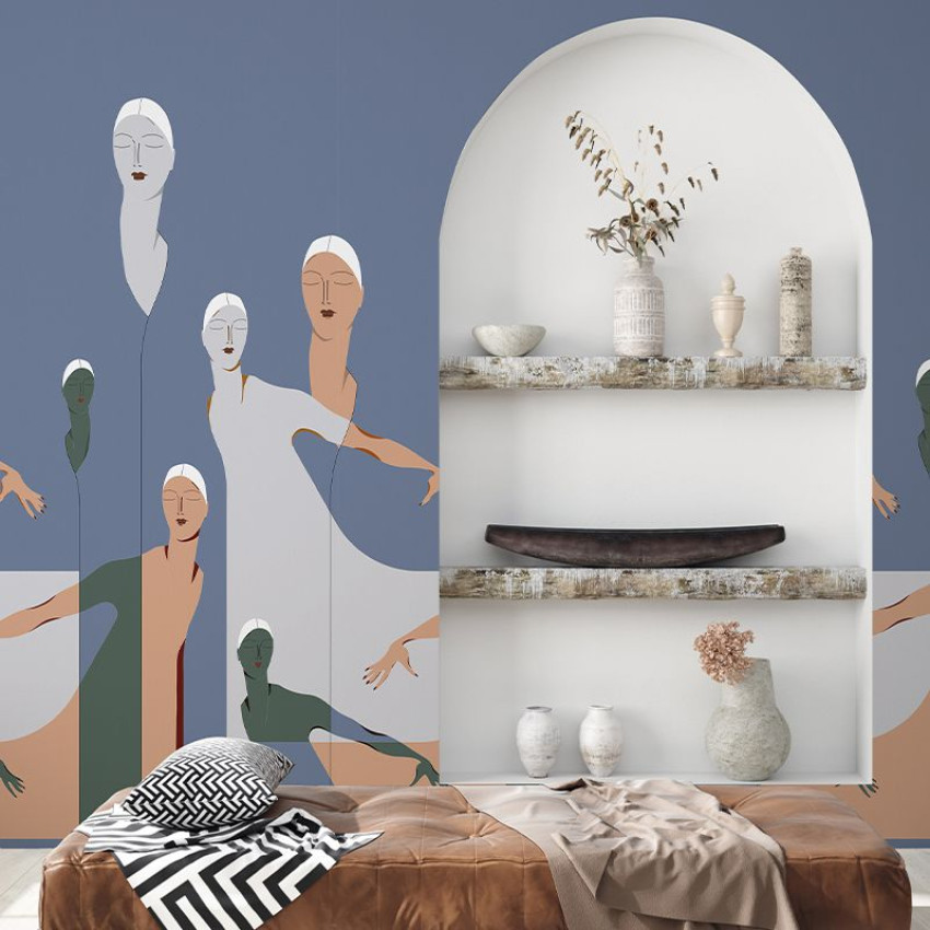 Tapet modern cu figuri feminine delicate pe un fond albastru