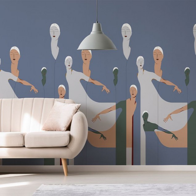Tapet modern cu figuri feminine delicate pe un fond albastru