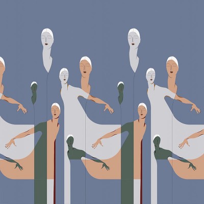 Tapet modern cu figuri feminine delicate pe un fond albastru