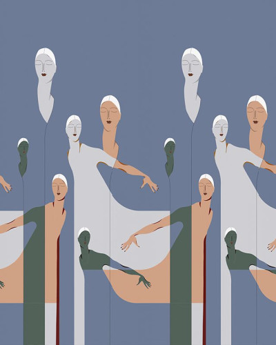 Tapet modern cu figuri feminine delicate pe un fond albastru