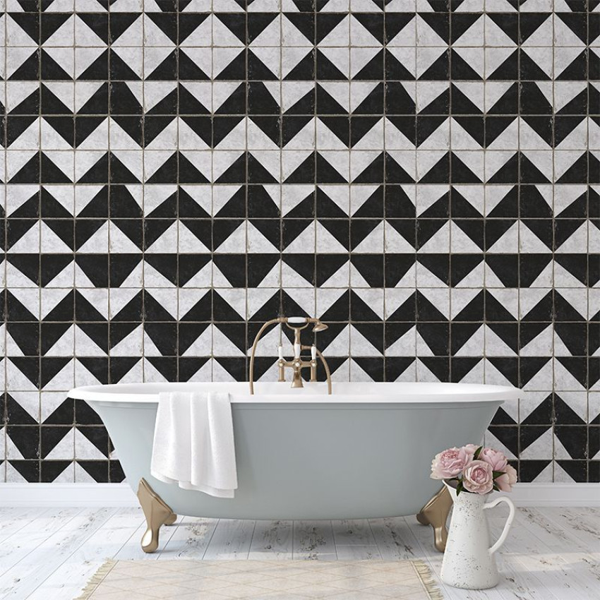 Tapet geometric cu triunghiuri alb-negru, perfect pentru baie