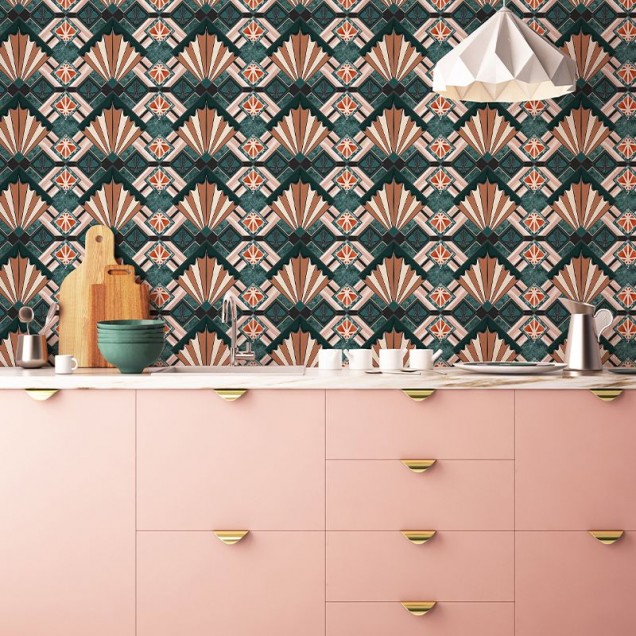 Tapet geometric cu design elegant Eltham Palace, verde smarald si maro