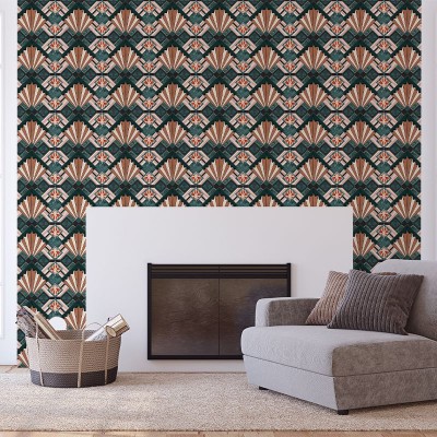 Tapet geometric cu design elegant Eltham Palace, verde smarald si maro