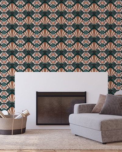 Tapet geometric cu design elegant Eltham Palace, verde smarald si maro