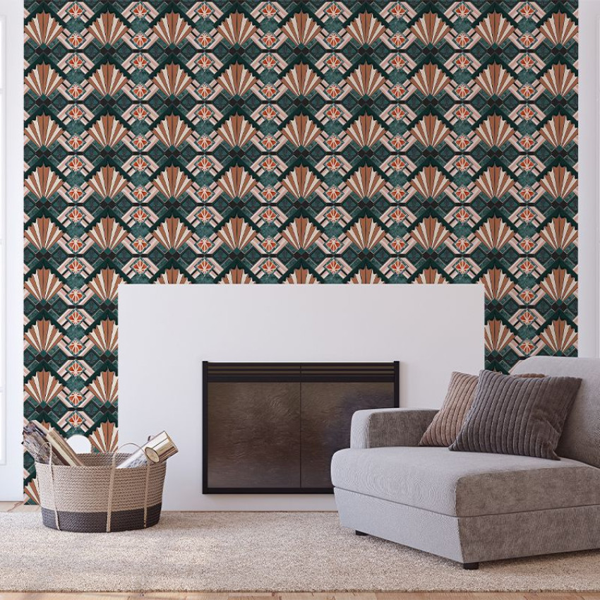 Tapet geometric cu design elegant Eltham Palace, verde smarald si maro