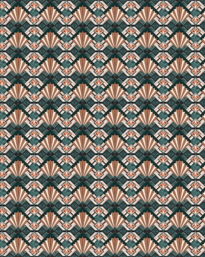 Tapet geometric cu design elegant Eltham Palace, verde smarald si maro