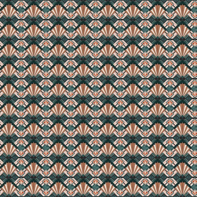 Tapet geometric cu design elegant Eltham Palace, verde smarald si maro