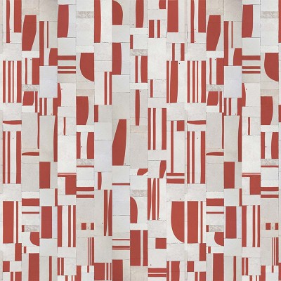 Tapet geometric abstract in nuanțe de roșu și alb, ideal pentru un living modern.