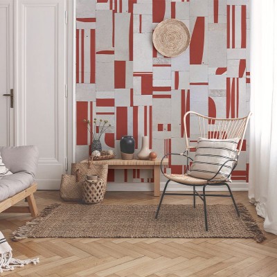 Tapet geometric abstract in nuanțe de roșu și alb, ideal pentru un living modern.