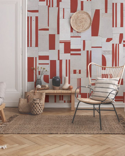 Tapet geometric abstract in nuanțe de roșu și alb, ideal pentru un living modern.