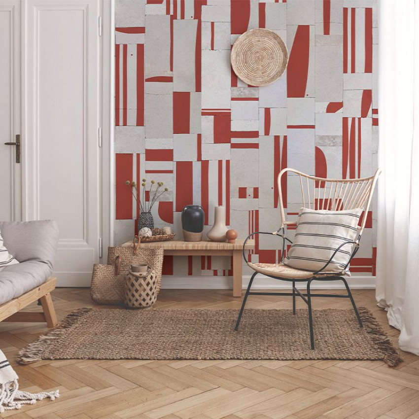 Tapet geometric abstract in nuanțe de roșu și alb, ideal pentru un living modern.