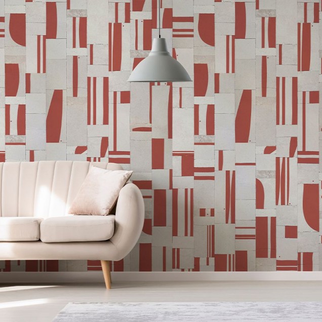 Tapet geometric abstract in nuanțe de roșu și alb, ideal pentru un living modern.