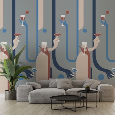 Tapet modern cu design abstract cu mâini care țin pahare de vin roșu și alb.