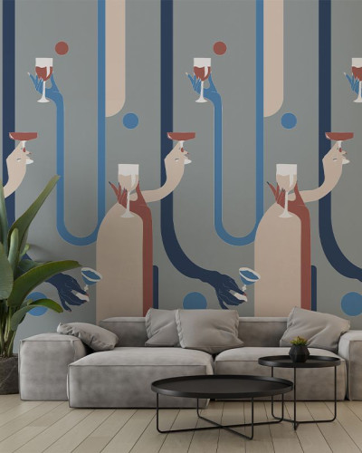 Tapet modern cu design abstract cu mâini care țin pahare de vin roșu și alb.